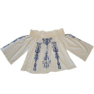 White & Blue Boho Print Off-Shoulder Top – Size L
